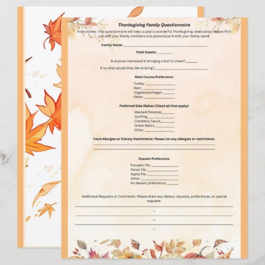 感謝祭の家族アンケート (正面/裏面)