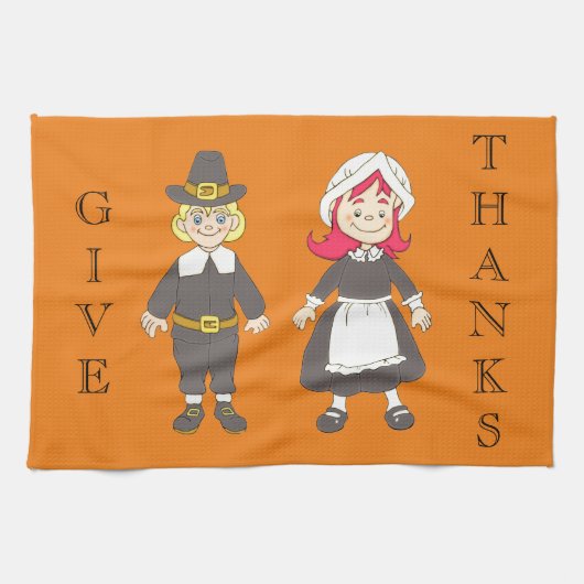 感謝祭の巡礼少年と少女 キッチンタオル (横)