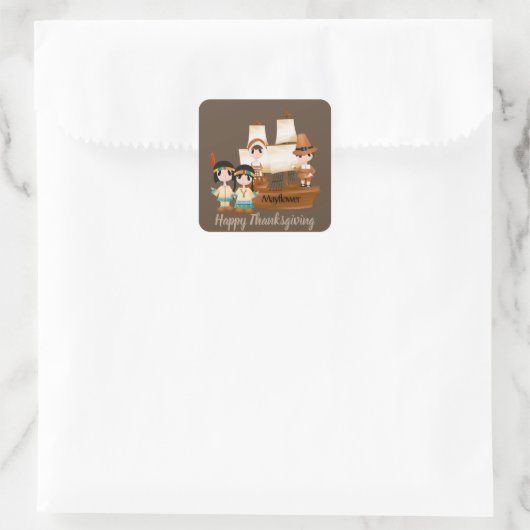 感謝祭の巡礼者とインディアンがメッセージを追加 スクエアシール (バッグ)