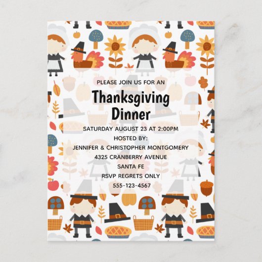 感謝祭の巡礼者の収穫パターンディナー インビテーションポストカード (正面)
