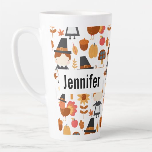 感謝祭の巡礼者の収穫パターン カフェラテマグ (左)