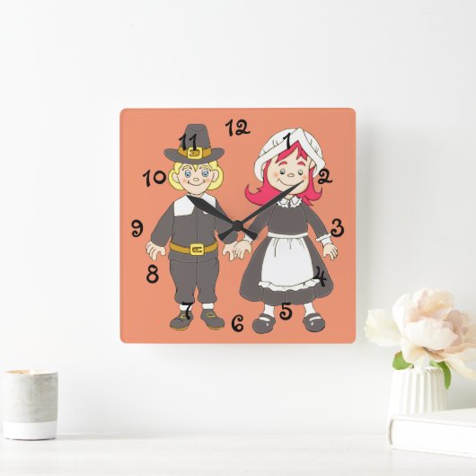 感謝祭の巡礼者の男の子および女の子 スクエア壁時計 (ホーム)