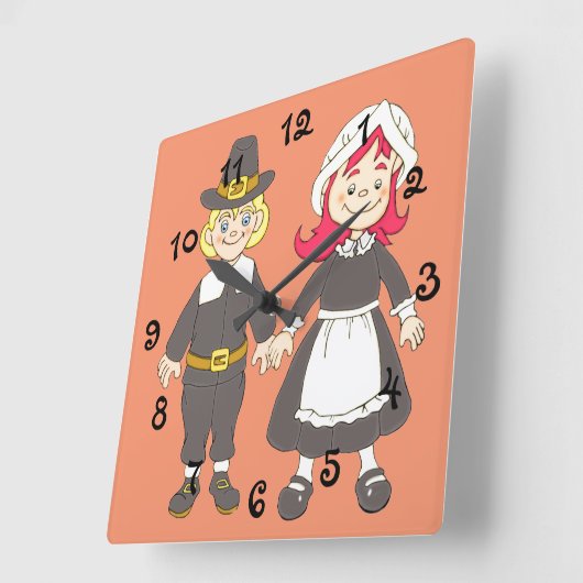 感謝祭の巡礼者の男の子および女の子 スクエア壁時計 (傾斜)