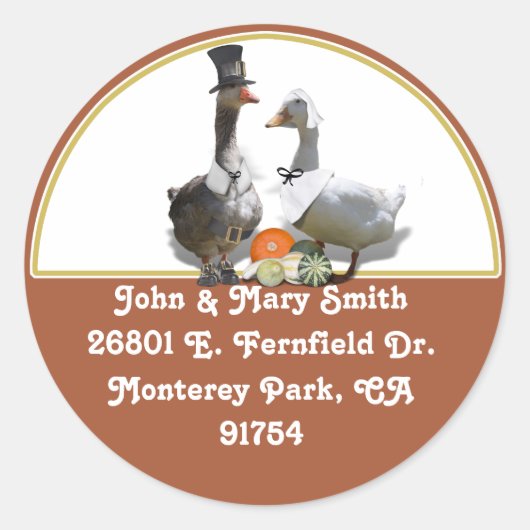 感謝祭の巡礼者ダックカップル ラウンドシール (正面)