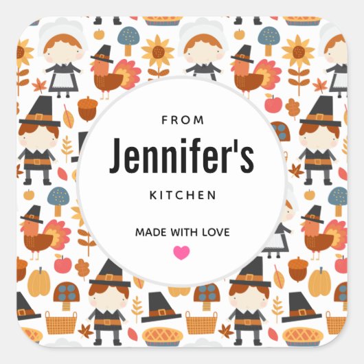 感謝祭の巡礼者ハーベストパターンキッチン スクエアシール (正面)