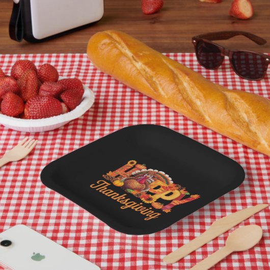 感謝祭の幸せな七面鳥の秋 ペーパープレート (ピクニック)