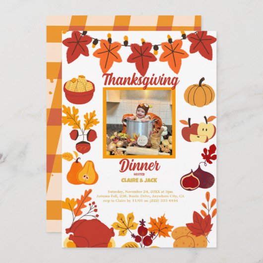 感謝祭の招待状と家族の写真 シーズンカード (正面/裏面)