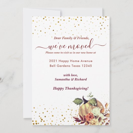 感謝祭の新しいホームフォトホリデームービング 案内状 (裏面)