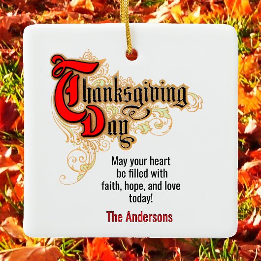 感謝祭の日に赤文字の単語を2つ セラミックオーナメント