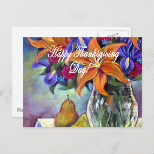 感謝祭の日の花絵画と梨 – 数々の シーズンポストカード (正面/裏面)