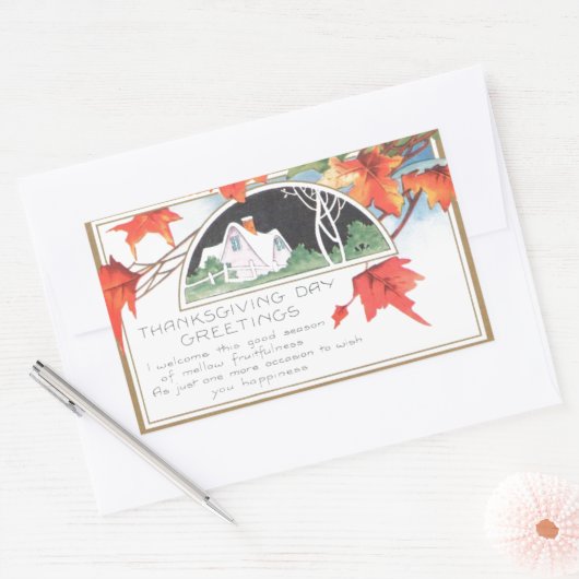 感謝祭の日グリーティングピンクハウスヴィンテージ 長方形シール (封筒)