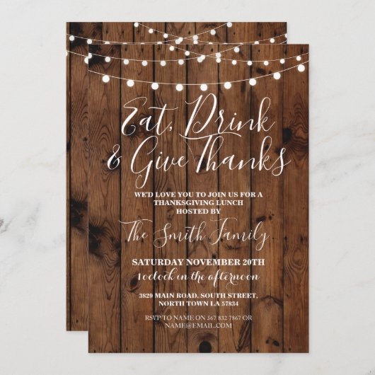 感謝祭の昼食木製の素朴なライト招待 招待状 (正面/裏面)