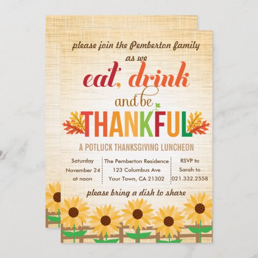 感謝祭の昼食Potluckは飲み物を与えます感謝を食べます 招待状 (正面/裏面)