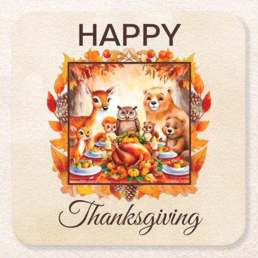 感謝祭の森の動物紅葉 スクエアペーパーコースター (正面)