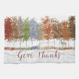 感謝祭の樹々と一頭の鹿 Give Thanks Thanksgiving Trees and Lon キッチンタオル