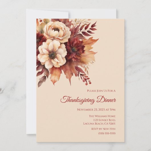 感謝祭の水カラー秋花 – クリームと赤 招待状 (正面)
