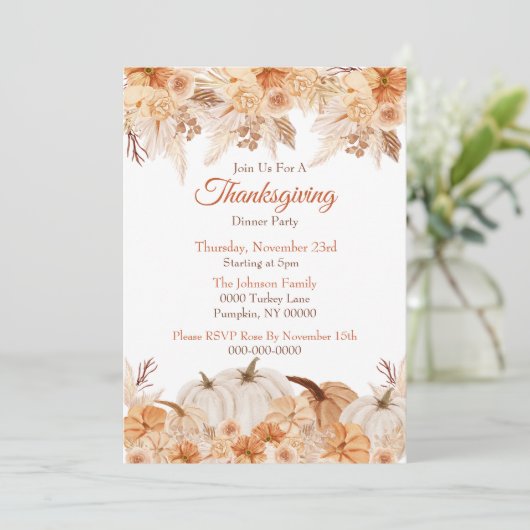 感謝祭の水彩フローラとカボチャ 招待状 (スタンド正面)