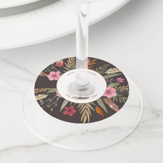 感謝祭の水彩画の紅葉ガラスのラベル ワイングラスタグ (クローズアップ)