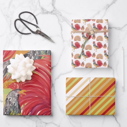 感謝祭の水色のオンドリ色彩の鮮やかー手 ラッピングペーパーシート (正面)