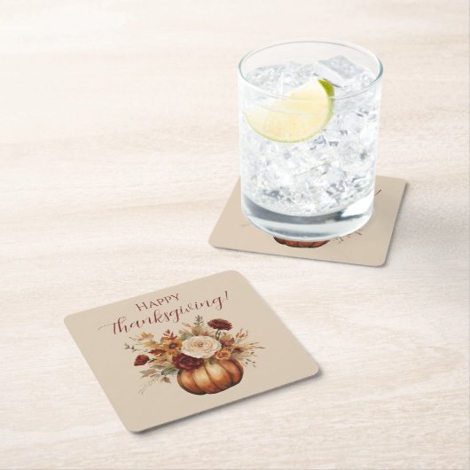 感謝祭の水色のカボチャと花 –  スクエアペーパーコースター (インサイチュ)