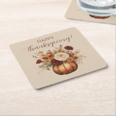 感謝祭の水色のカボチャと花 –  スクエアペーパーコースター (アングル)