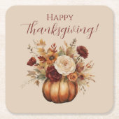 感謝祭の水色のカボチャと花 –  スクエアペーパーコースター (正面)