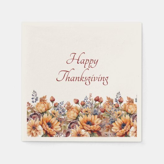 感謝祭の水色のカボチャと花 –  スタンダードカクテルナプキン (正面)