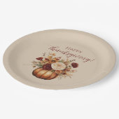 感謝祭の水色のカボチャと花 –  ペーパープレート (アングル)