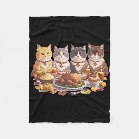 感謝祭の猫の食事会 Vintage Fall フリースブランケット (正面)