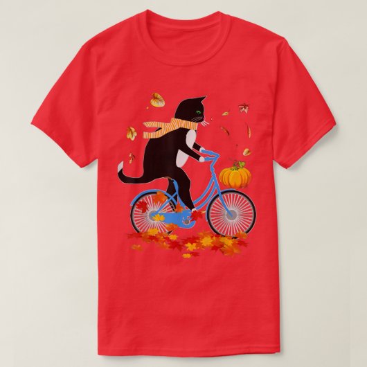 感謝祭の秋に自転車に乗る黒猫 Tシャツ (デザイン正面)