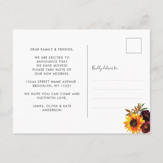 感謝祭の秋のひまわり引っ越しの新ホーム 案内ポストカード (裏面)