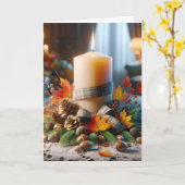 感謝祭の秋のキャンドルとドングリ カード (黄色い花)