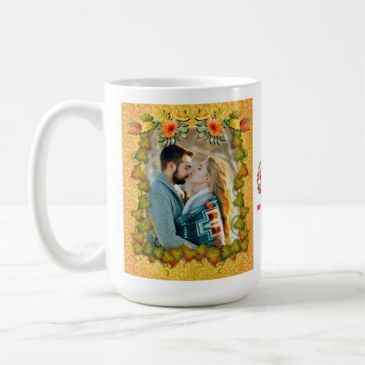 感謝祭の秋の秋メープルリーフ&ひまわり コーヒーマグカップ (左)