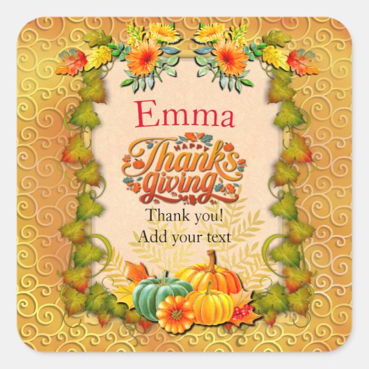 感謝祭の秋の秋メープル葉ズとカボチャ スクエアシール (正面)