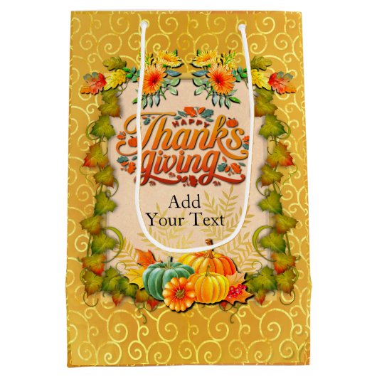 感謝祭の秋の秋メープル葉ズとカボチャ ミディアムペーパーバッグ (裏面)