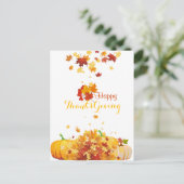感謝祭の秋の秋葉の秋の花とカボチャ シーズンポストカード (スタンド正面)