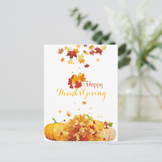 感謝祭の秋の秋葉の秋の花とカボチャ シーズンポストカード (スタンド正面)