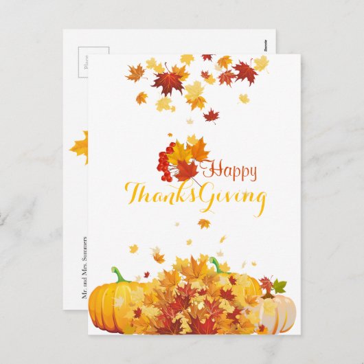 感謝祭の秋の秋葉の秋の花とカボチャ シーズンポストカード (正面/裏面)