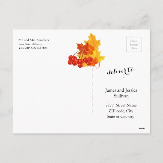 感謝祭の秋の秋葉の秋の花とカボチャ シーズンポストカード (裏面)