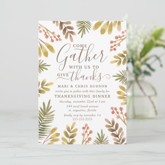 感謝祭の秋の緑の水の色のリース 招待状 (スタンド正面)