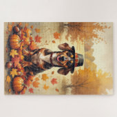 感謝祭の秋の葉とダックスフントのアート ジグソーパズル (横)