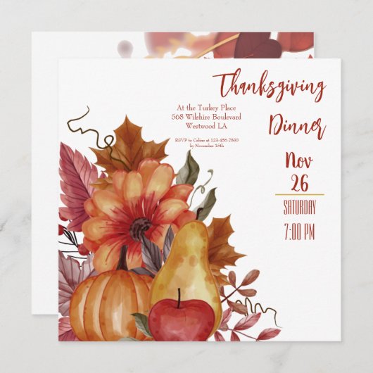 感謝祭の秋の葉のカボチャのディナーへの招待 招待状 (正面/裏面)