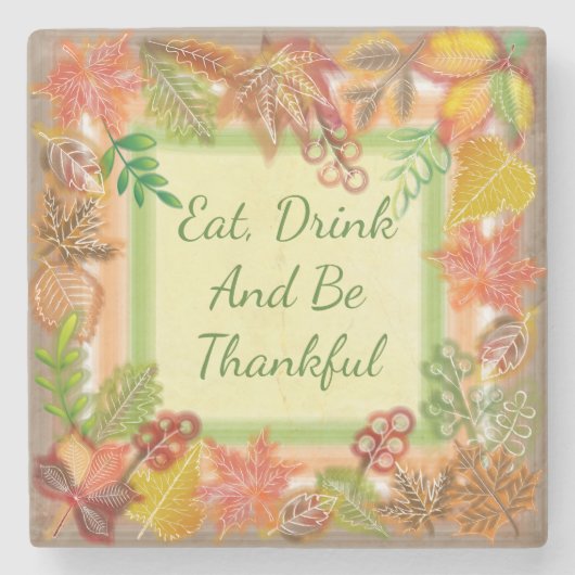 感謝祭の秋の葉のブラシアート ストーンコースター (正面)
