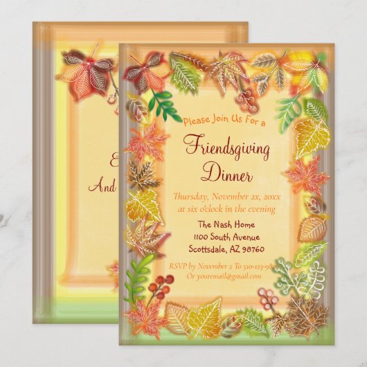 感謝祭の秋の葉を描く 招待状 (正面/裏面)