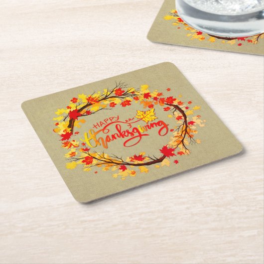 感謝祭の秋の葉色のマッチング スクエアペーパーコースター (アングル)