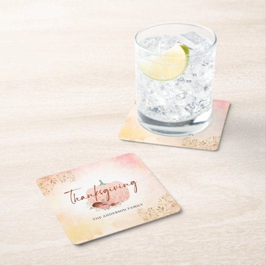 感謝祭の秋バラ金ゴールドグリッターパンプキン スクエアペーパーコースター (インサイチュ)