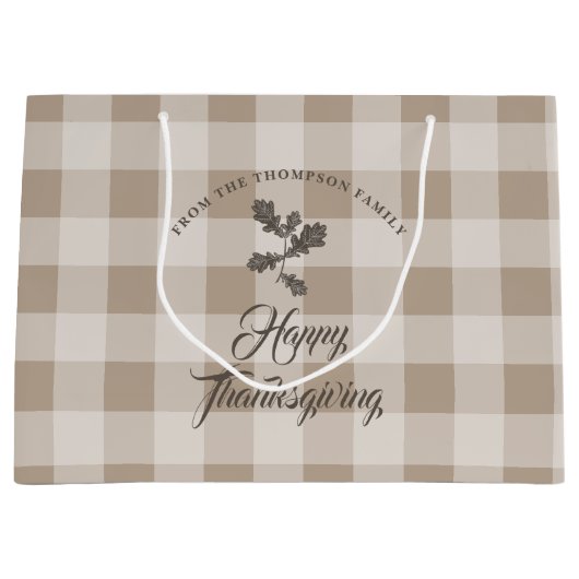 感謝祭の秋葉葉の茶色の格子縞 ラージペーパーバッグ (正面)