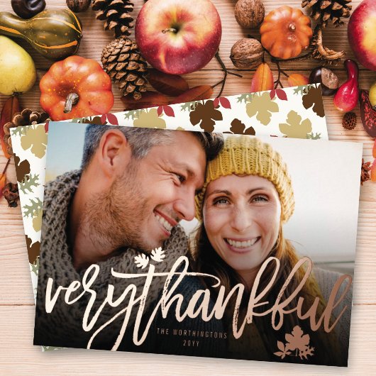 感謝祭の紅葉ブラシ付きスクリプトフォト 箔シーズンカード