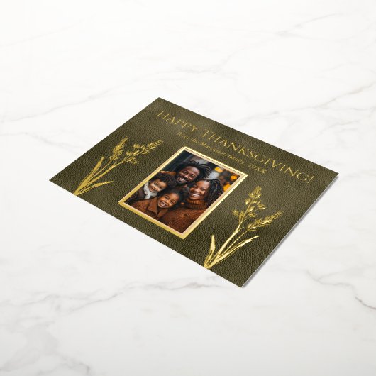 感謝祭の縦家族の写真グリーン 箔シーズンポストカード (回転した状態)