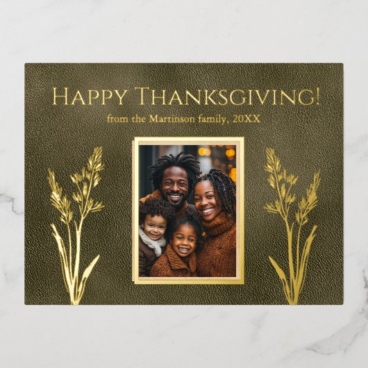 感謝祭の縦家族の写真グリーン 箔シーズンポストカード (正面)